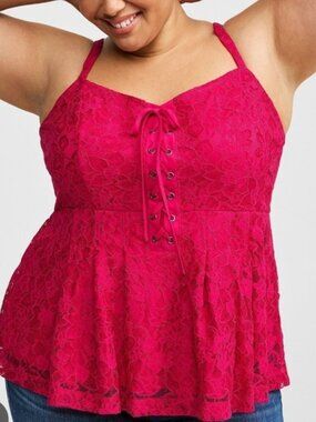 Torrid Fuchsia Lace-Up Floral Lace Camisole